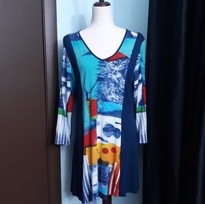 M Parsley & Sage Colorful Abstract Jersey Knit Long Sleeve Tunic T Shirt Dress
